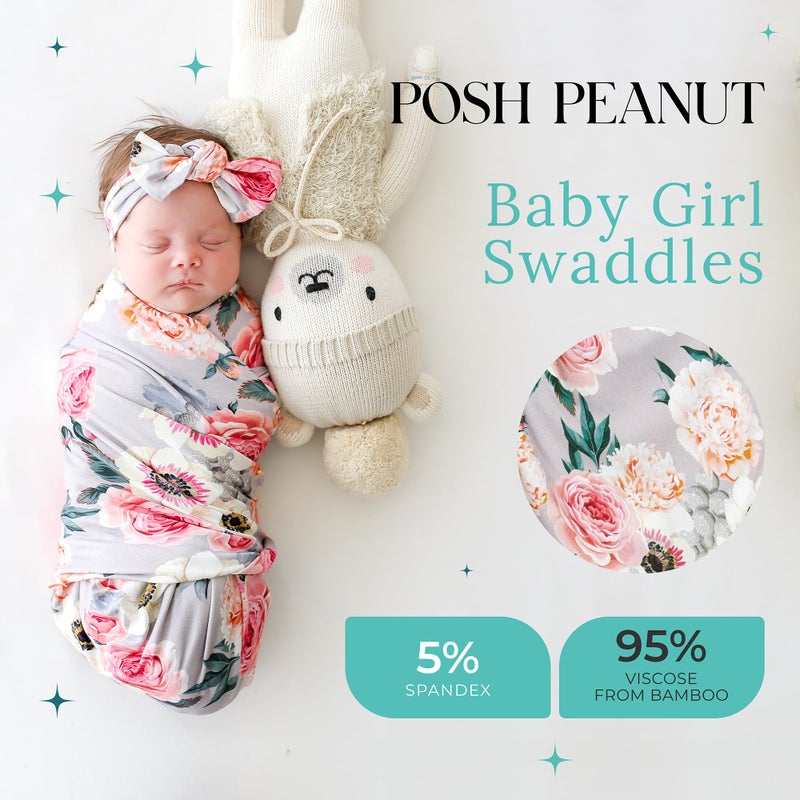 Posh Peanut Swaddle Blanket & Headband Set â€“ Viscose from Bamboo Stretchy Baby Swaddle for Newborn Girls, Receiving Blanket or Nursing Cover - Image 2